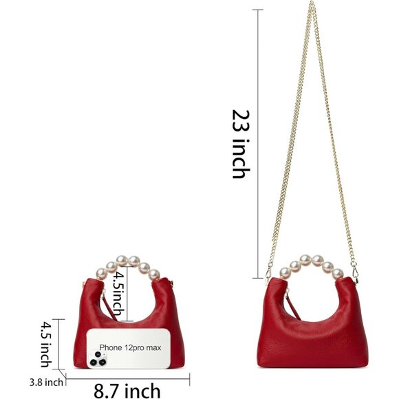 ⚡ Women's Top Handle Chain Pearl Strap Leather Crossbody Tote Red Bag - Picture 4 of 6